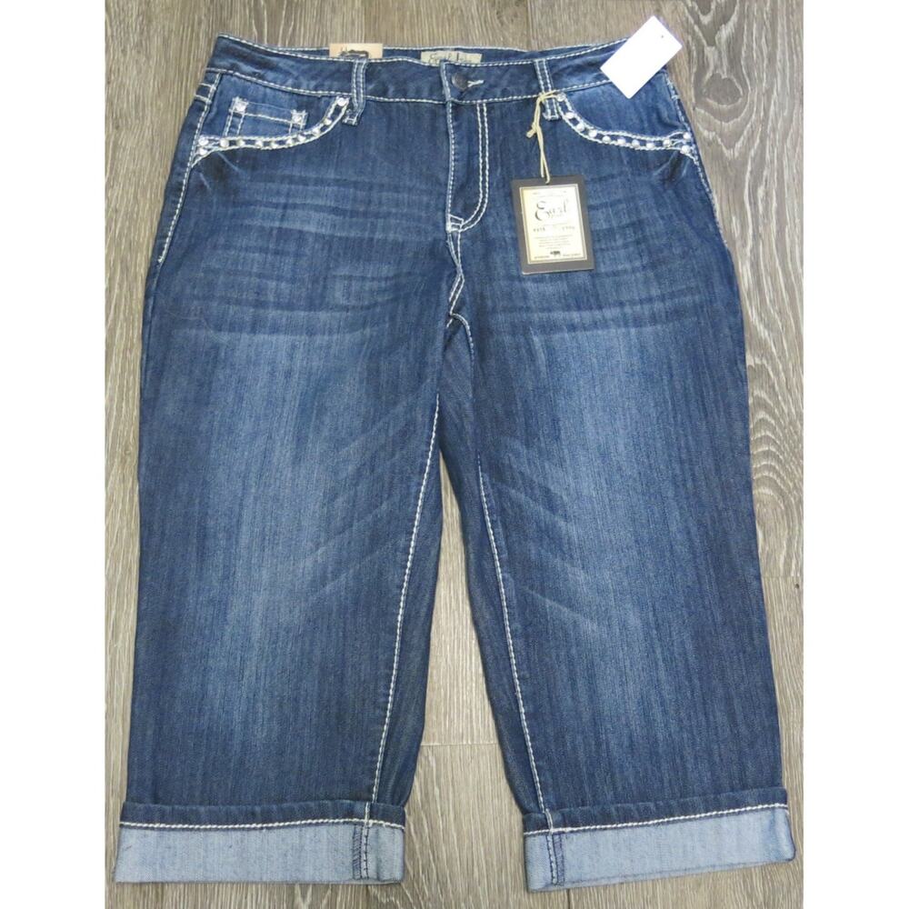 Earl Jean Capri Jeans NWT Size 10 Women Bling Rhinestones Y2K Blue Embroidered